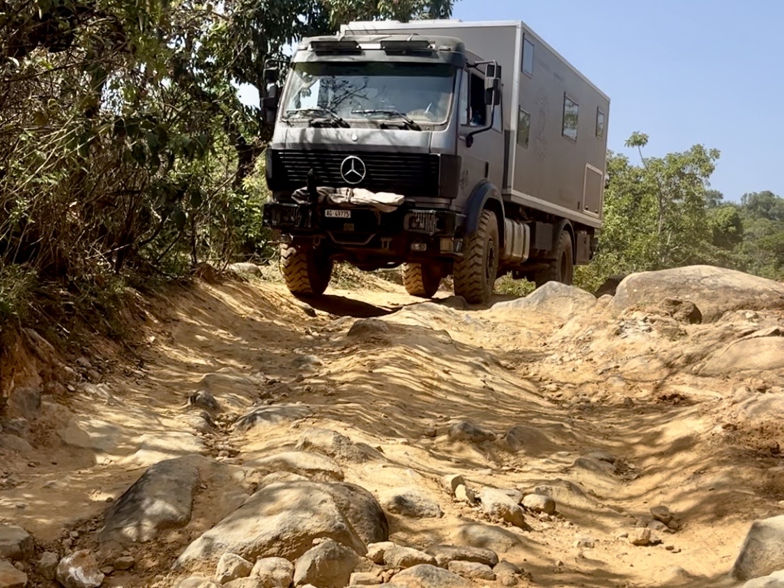 Ellie auf einer Piste durch die afrikanische Savanne